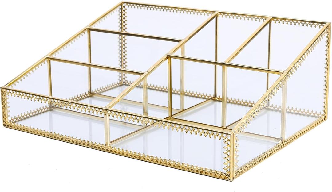 Vintage Gold Makeup Organizer - Glass Makeup Organizer Countertop Organizer for Make-Up Brushes Vanity, Tabletop Organizer Display Case for Bathroom, Vanity, Drawers GJB001 (large)