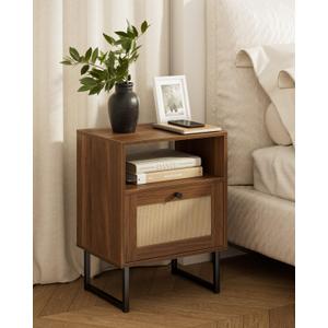 Masupu Rattan Nightstand,Modern Boho Farmhouse Wood Bedside Table with Storage Drawer and Open Shelf,Small Black Frame Side End Table for Bedroom,Living Room,Office (Walnut) (Normal Size)