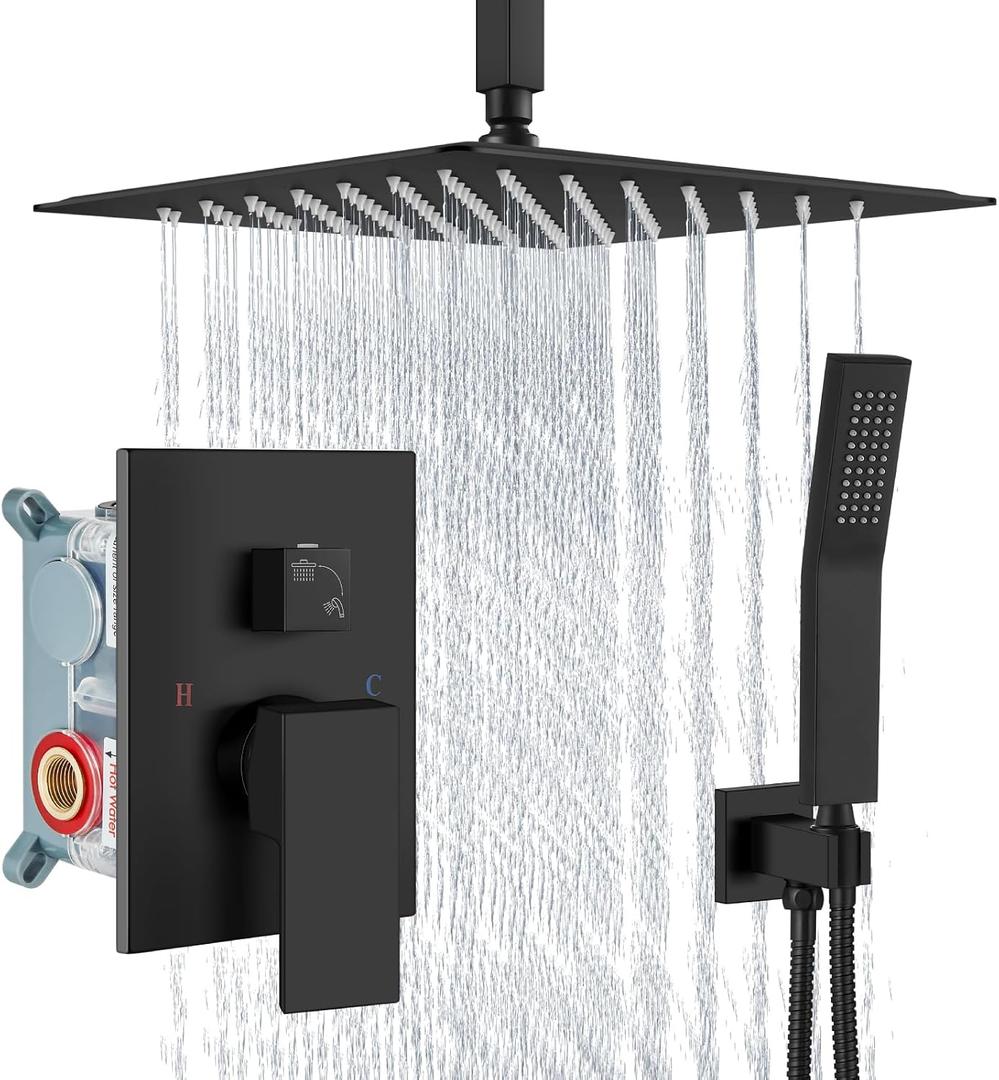 Aolemi Ceiling Shower Faucet with Handheld 16 Inch Head Matte Black