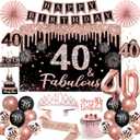 40th Birthday Decorations for Women - 34pcs Black Rose Gold Birthday Party Decor Include Happy 40th Birthday Banner 40 Years Old Crown Sash Backdrop Balloons Cake Topper Hanging Swirls Paper Fans