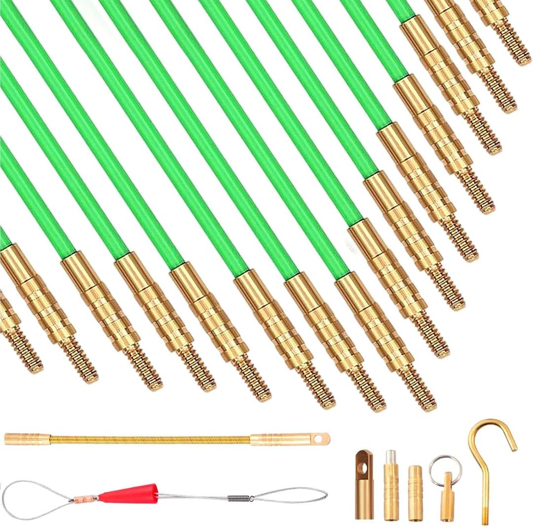 50 FT Wire Fishing Kit Fiberglass Connectable Fish Tape Wire Puller Cable Pulling Pull Push Kit With Hook In Transparent Tube, Green