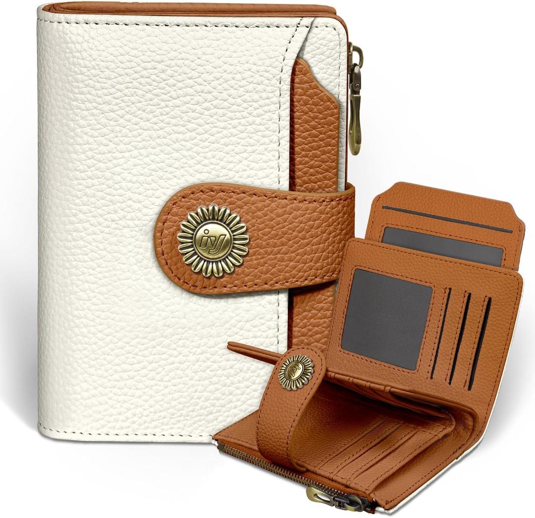 Beige Small Wallet Women RFID Blocking Bifold, Credit Card Holder, Zipper Coin Pocket, PU Leather, Compact, Travel, 4 ID Window, 14 Card Slots, Cash Purse, Ladies Woman Female Girls