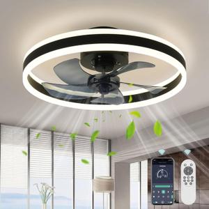Fandelier Ceiling Fans with Lights and Remote,19.7in Low Profile Dimmable Ceiling Fan,Brushed Black Flush Mount Ceiling Fan for Bedroom.