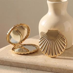 Novabright 1 Pcs 2.7 Inch Gold Sea Shell Compact Mirror Double-Sided Makeup Small Mirror for Purse with 1x/2x Magnification for Travel, Bathroom, Makeup, Beauty, Grooming, Plastic