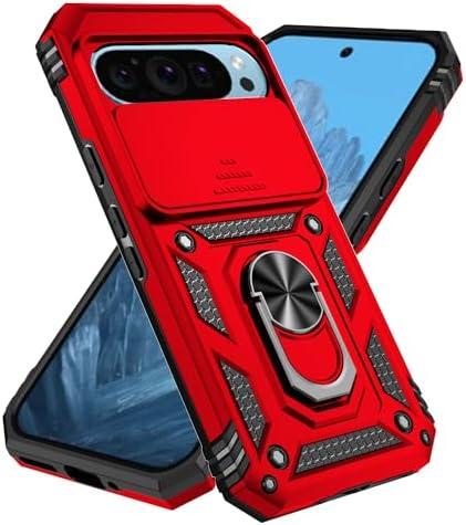 SunStory Compatible with Google Pixel 10 / Pixel 10 Pro Case with HD Screen Protector & Slide Camera Cover & Rotated Ring Kickstand, [Military-Grade] Phone Case for Pixel 10/10 Pro, Red