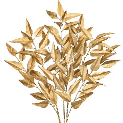 Hollyone 32” Christmas Tree Picks and Sprays 3Pcs Gold Artificial Eucalyptus Stems Eucalyptus Leaves Branches Fake Gold Leaf Floral for Vase DIY Xmas Tree Garland Wreath Centerpieces Wedding Decor
