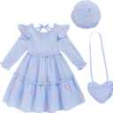 Toddler Girl Dress Kids Long Sleeve Ruffle Dresses Fall Winter Outfit Hat Bag Floral Girls Casual Playwear Dress (3-4T, Blue Dress With Flowers)