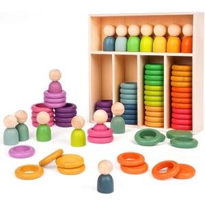 Montessori Toys Wooden Color Sorting Stacking Rings Toy Rainbow Wooden Peg Dolls Counting Toys Circular Building Blocks Stacking Game Preschool Learning Education Fine Motor Skill Toys for Toddlers