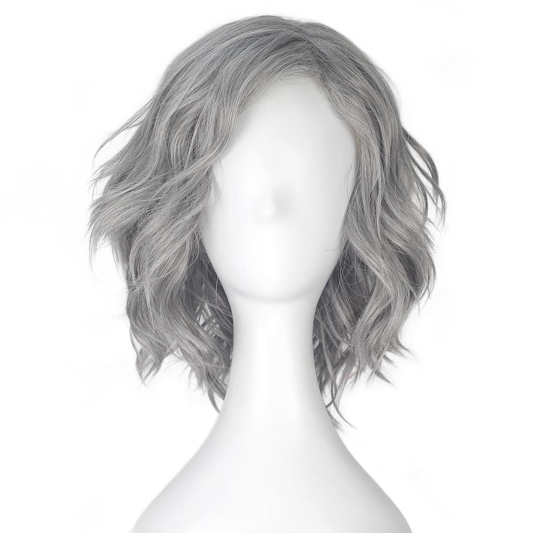 Miss U Hair Old Lady Gray Wig Silver Grey Grandma Wig Women Short Wavy Curl Hair for Cosplay Costume