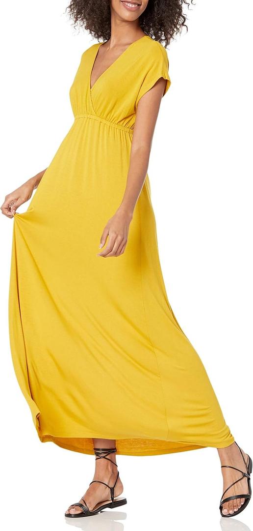 Amazon Essentials Women's V Neck Short Sleeve Waisted Maxi Dress, 