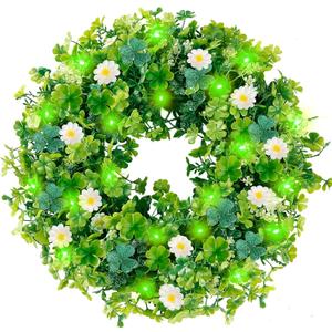 Sggvecsy 18 St. Patrick's Day Shamrocks Wreath for Front Door with 30 Green Lights Artificial Greenery Glittery Clover Wreath for Irish St. Patrick's Day Decoration Wall Indoor Outdoor Home Decor