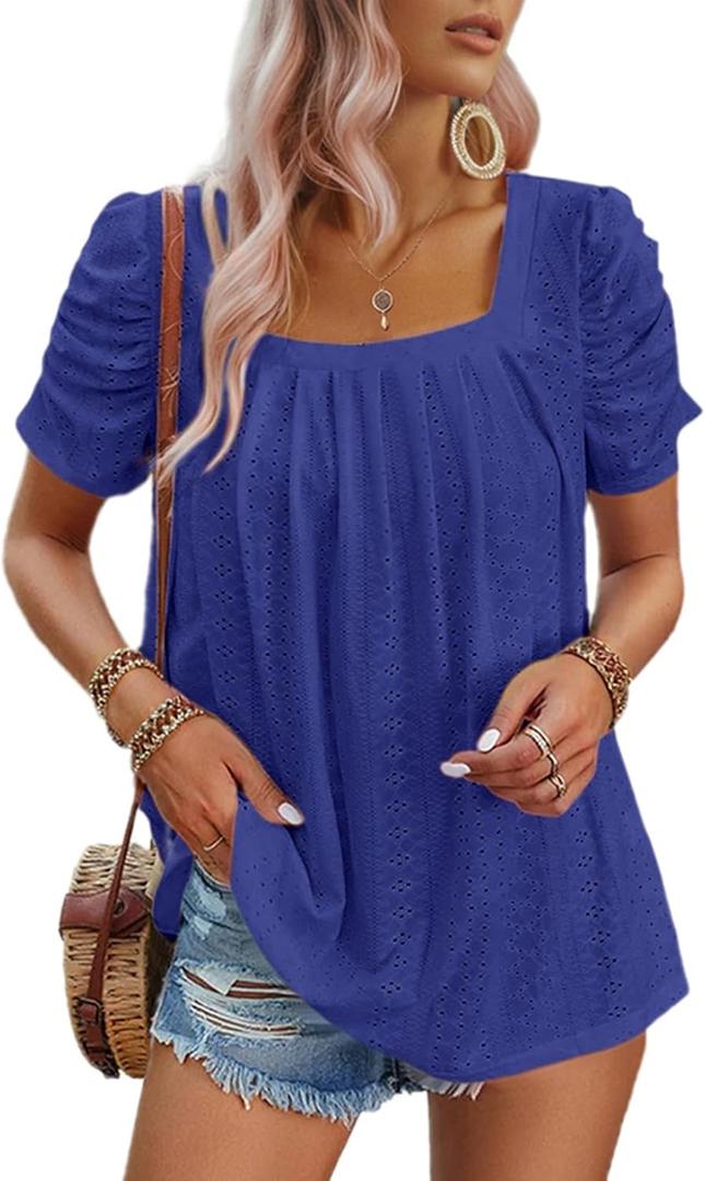 Dokotoo Women's Hollow Pleated Short Sleeves Square Neck Casual Loose Solid Color Knit T Shirts Tops Blouses (X-Large, Bluing)