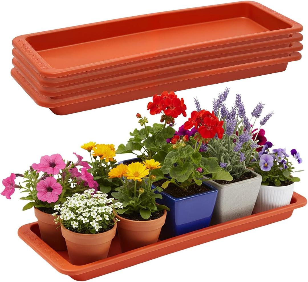 Cinnvoice 4 Pack Terracotta 24 x 8 x 1.6 Inch Rectangle Plant Saucer Large Plastic Plant Tray Water Drip Trays for Windowsill Flower Pot Planter Drainage Germination Garden Indoor Outdoor Use