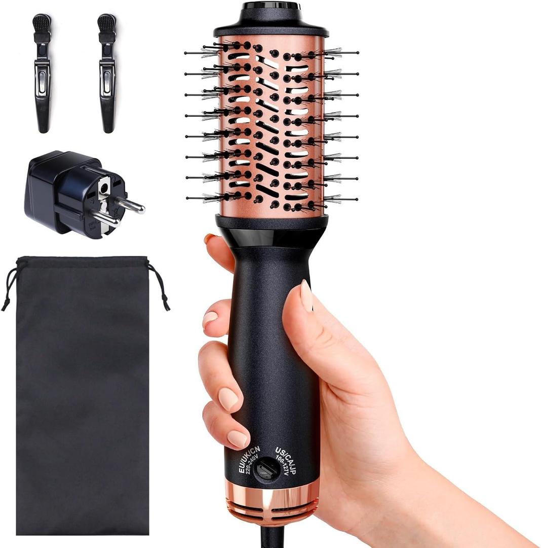 Desalo Small Dual Voltage Hair Dryer Brush (110-220V), Compact Light-Weight European Travel Blow Dryer Brush for Volume, Smoothness & Curls On The Go, One Step Travel Hair Tools, Incl. Pouch & EU Plug