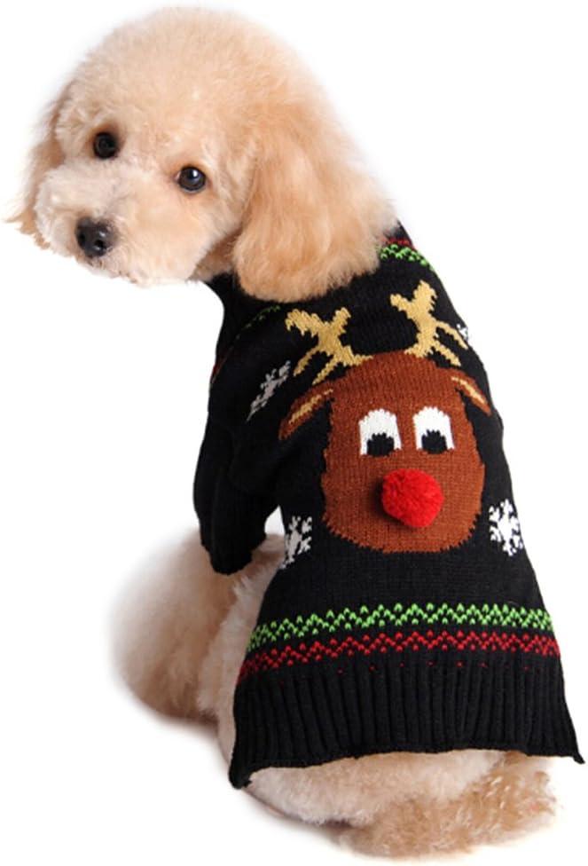 NACOCO Pet Holiday Festive Deer Reindeer Cat Sweater Dog Sweater Winter Clothing Teddy Poodle Autumn Winter Clothes Pet Clothes Dog Clothes (Red Nose, Large) (Large (Pack of 1))