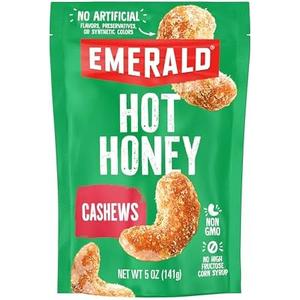 Emerald Hot Honey Cashews, 5oz Resealable Bag | Non GMO, No Artificial Preservatives, Flavors or Synthetic Colors, Plant Based Protein, Kosher Certified, Sweet & Spicy Snack, EXP: 05/22/2026