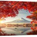 Canvbay Framed Canvas Prints Mount Fuji Wall Art Japanese Mountain over Lake in Sunrise Modern Nature Landscape Pictures Red Maple Leaves Canvas Print Nature Scenery Wall Decor for Home 20x48inch