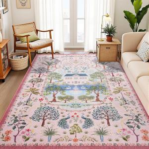 Vasofe 5x7 Living Room Rug, Pink Washable Rugs for Dining Room,Girls Bedroom, Nursery, Indoor Floor Mat, Jungle Animal Floral Mats for Playroom, Farmhouse, Non Slip Low Pile Carpet for Laundry Room