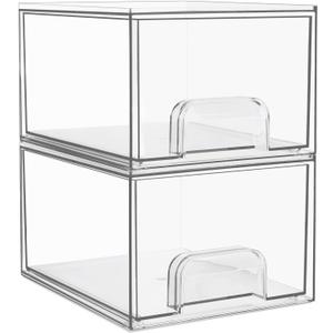 Vtopmart 2 Pack Clear Stackable Storage Drawers, 4.4'' Tall Acrylic Bathroom Makeup Organizer,Plastic Storage Bins For Vanity, Undersink, Kitchen Cabinets, Pantry, Home Organization