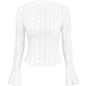 BTFBM Women's Long Sleeve Shirts 2025 Fall Fashion Going Out Tops Casual Crewneck Slim Fit Hollow Out Basic T-Shirt (White, L)