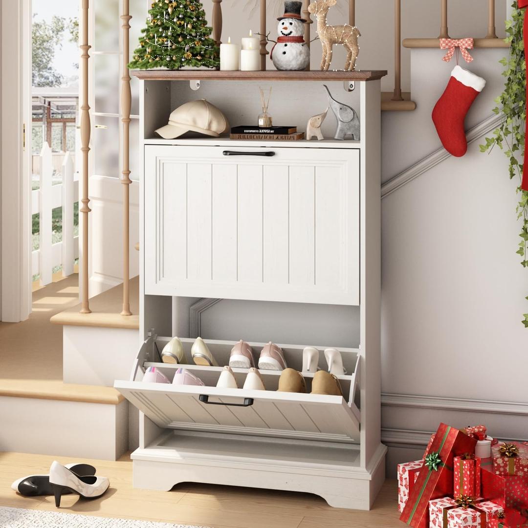 Shoe Storage Cabinet with 2 Flip Drawers, 24" W Farmhouse Modern Hidden Shoes Rack Cabinet with Adjustable Shelves & Open Storage, Narrow Slim Shoe Organizer for Entryway, Hallway, Antique White