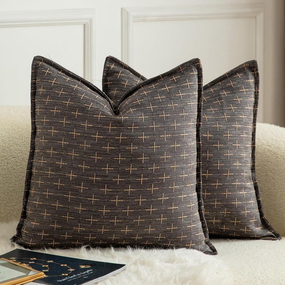 MANDIOO Pack of 2 Burlap Linen Throw Pillow Covers Woven Textured Modern Farmhouse Cushion Covers Pillowcase Decorative Couch Sofa Bed Living Room 16 x 16 Inch Dark Grey