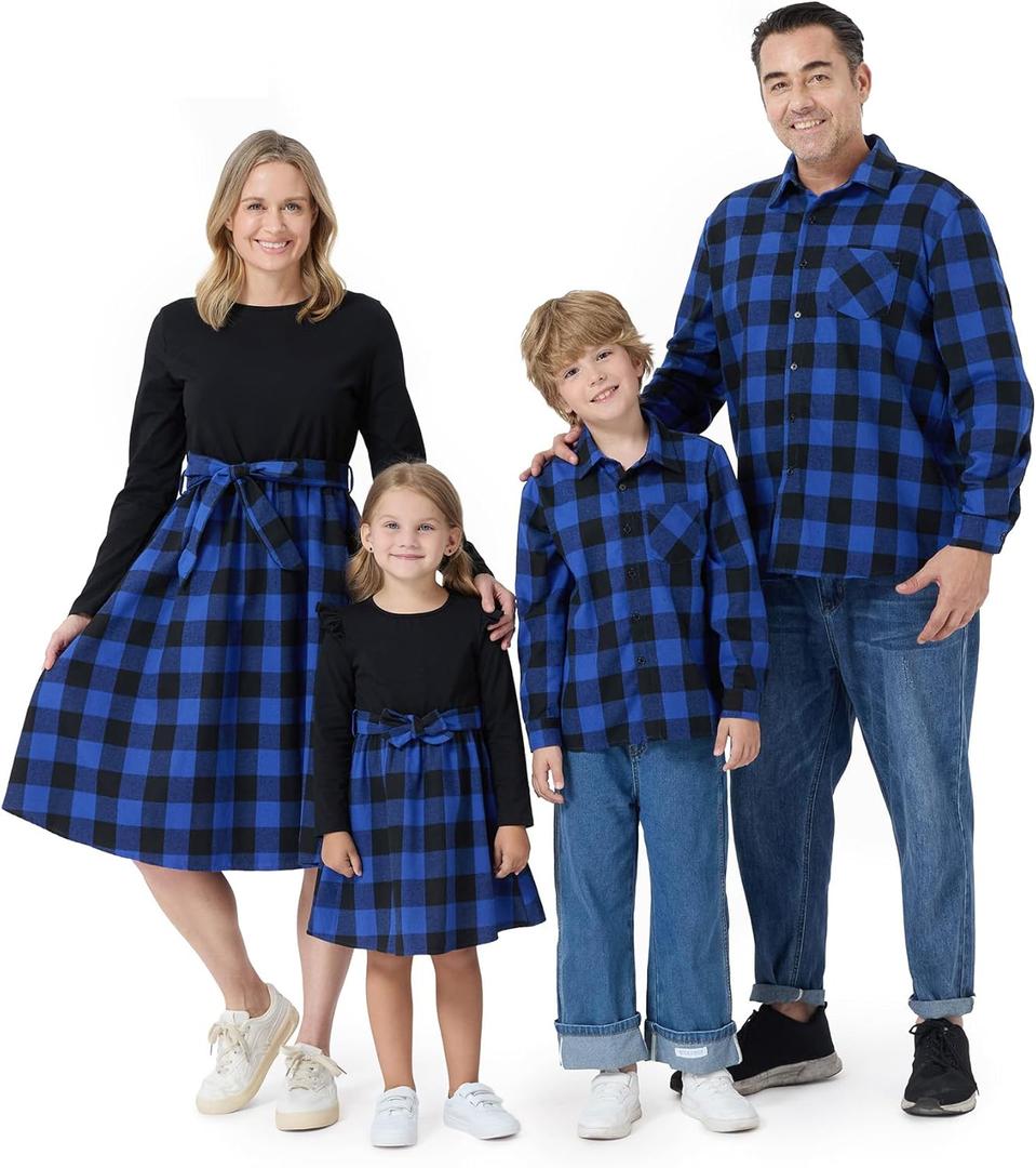 PATPAT Family Matching Outfits Mommy and Me Dresses Matching Set Long Sleeve Plaid Midi Dress and Casual Button Down Shirts (Blue, XL)