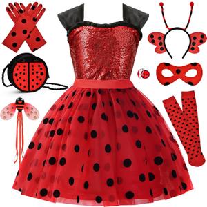 G.C 11pcs Girls Lady Bug Dress Costume Kids Toddler Princess Dress Up Clothes with Polka Dots Halloween Gifts (100(3Y))