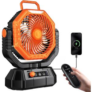 AJVV Camping Fan with Light, Oscillating Battery Powered Hanging Tent Fan, Portable Rechargeable for Camp, Outdoor, Emergency Power Outage, Fishing, RV Travel, Orange