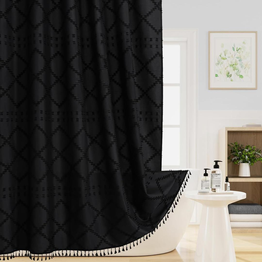 Extra Long Black Boho Woven Fabric Shower Curtain with Tassel 72 x 84, Bohemia Tufted Chevron Striped Chic Textured, Waterproof Cloth Curtain for Bathroom, Modern Farmhouse Minimalist