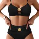 Pink Queen Women's 2 Piece Bikini Set 2026 Seashell Cutout Swimsuit High Waist Tummy Control Summer Beach Swim Bathing Suits (Black, XL)