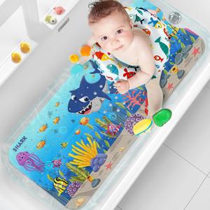 XIYUNTE Baby Bath Mat for Tub Non Slip, 40''x16'' Extra Long Bathtub Mat Non Slip Kids Bath Mat, Safety Kids Bath Tub Mat with Suction Cups and Drain Holes, Machine Washable, Shark