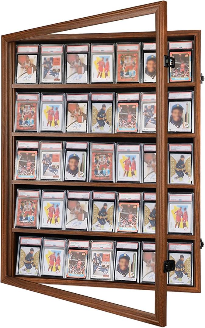 35 Card Baseball Card Display Case - Lockable Sports Graded Card Display Case Wall Mount with UV Protection Acrylic Door for Baseball Basketball Football Hockey Trading Card Collection - Walnut (36 - Walnut - Vertical - Blacklock)