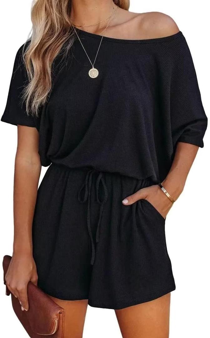 Lacozy Women's 2026 Summer Short Sleeve Off The Shoulder Rompers Casual Shorts One Piece Overall Jumpsuits Dressy (Black, L)