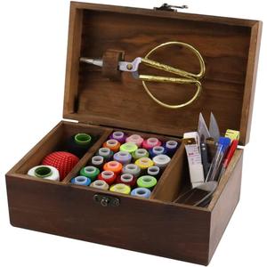 Flytreal Sewing Kit Box Basket, Wooden Hand Home Sewing Repair Tool Kit, Beginner Universal Sew Kit Accessories for Women, Men, Adults, Girls, Kids (Retro Dandelion)
