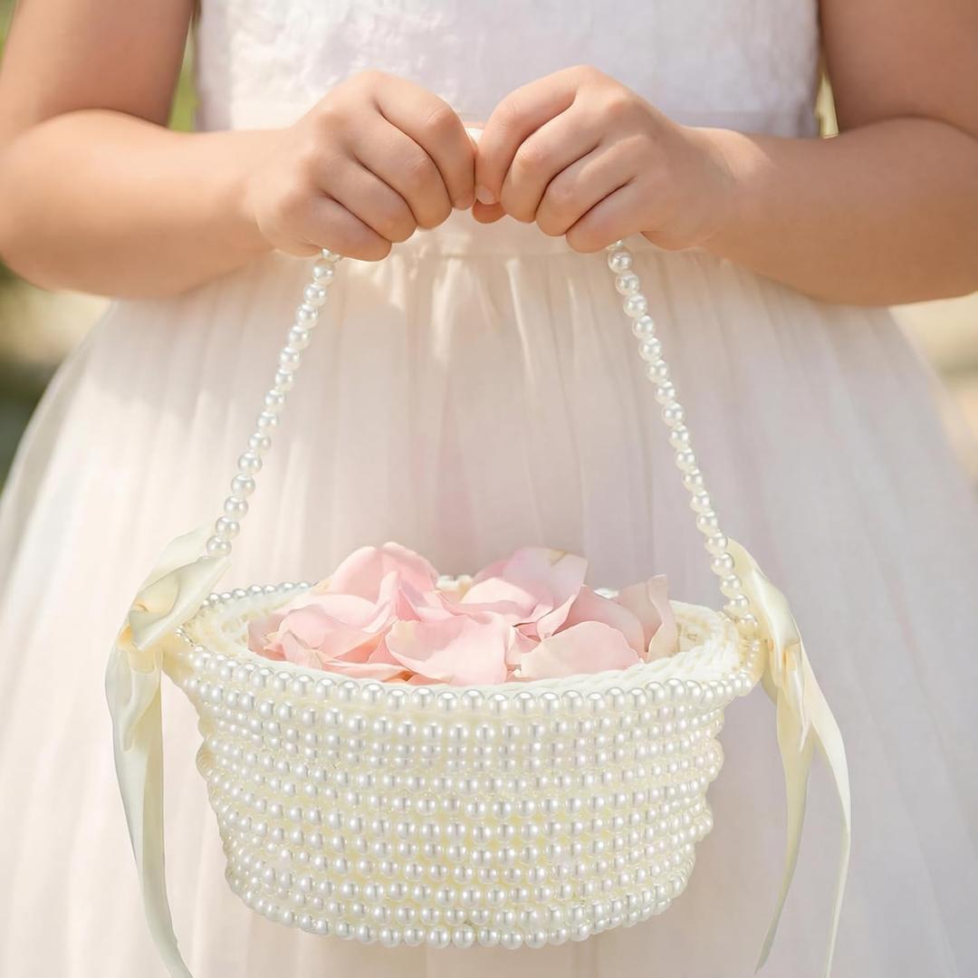 Pearl Flower Girl Basket Wedding Basket with Cute Pearl Handle Bowknot Satin Small White Ivory Baskets for Wedding Ceremony Party Flower Girls