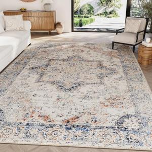 H.VERSAILTEX Area Rug size 6x9 Washable Soft Rugs for Bedroom Living Room, Non Slip Non Shedding Printed Accent Indoor Floor Carpet Mid-Century Modern Elegance for Farmhouse Decor, Oriental Blue
