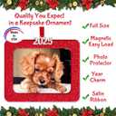 2025 Photo Ornaments for Christmas Tree, Christmas Picture Frame Ornament, Easy-Load Magnetic Frame with Ribbon, Charm & Photo Protector, Horizontal - Sparkly Red