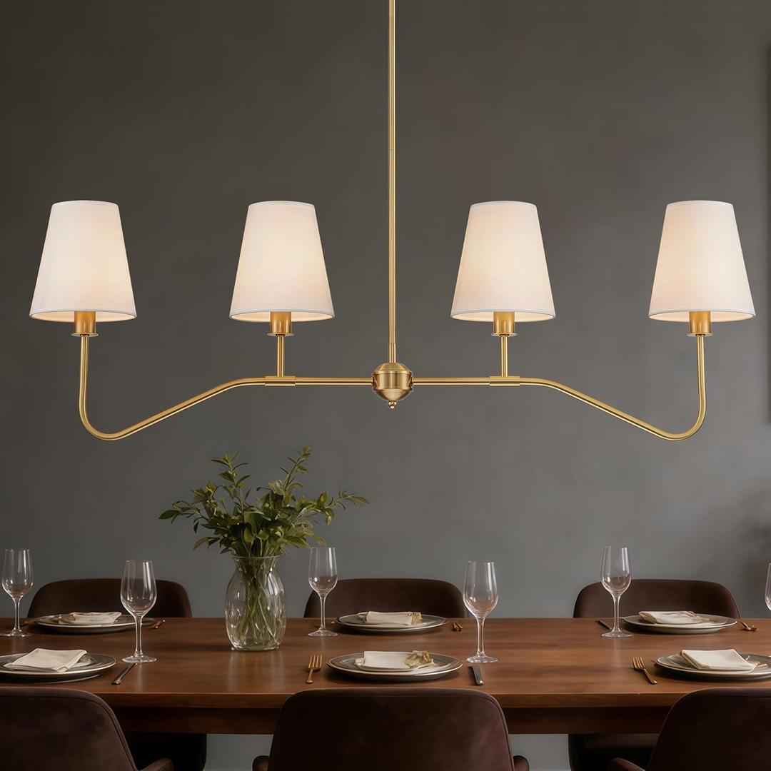 Antique Brass Gold Linear Chandeliers for Dining Room with Fabric Shades, 4-Light