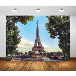 BELECO 7x5ft Fabric Paris Eiffel Tower Backdrop for Photography Seine River Scenery Sightseeing Boats Ships France Famous Landmark Background Paris Party Decorations Birthday Photoshoot Studio Props (A13990)