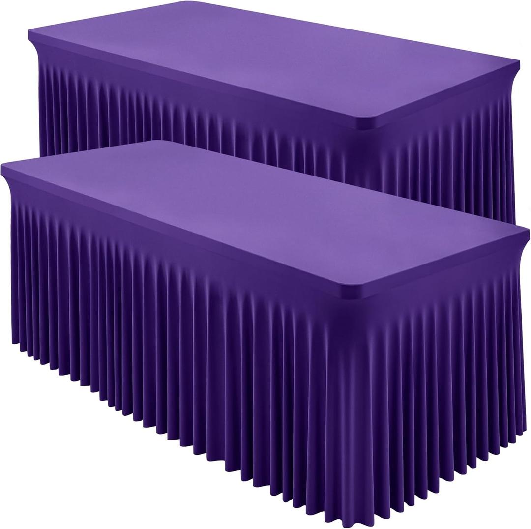 2 Packs Purple Spandex Table Covers 6 Foot, Fitted Stretch Table Cloth with Skirts 72x30 Inch, Wrinkle-Free Floor Length Rectangle Tablecloths for Trade Show Weddings Parties Banquets Events