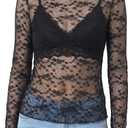 Women's Lace Tops Mesh Sheer Long Sleeve See Through Undershirt (Black, S)