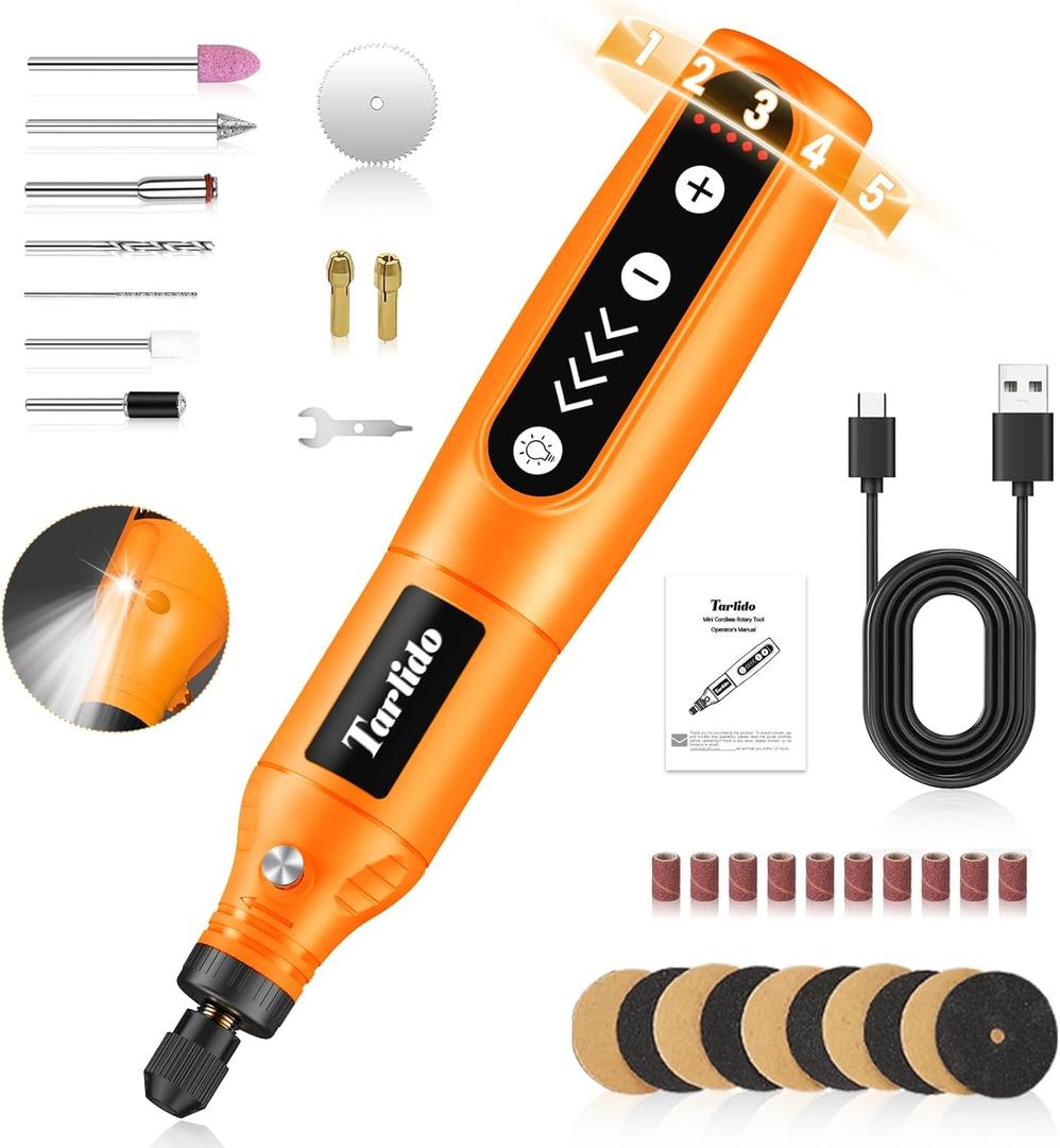 Cordless Rotary Tool Kit, 3.7V 2.0Ah Rechargeable Battery, 18000RPM 5-Speed Multi Power Carving Tools, 31Pcs Accessories, Engraving, Sanding, Grinding, Polishing, Carving, Etching, DIY-Orange (Orange With Light)