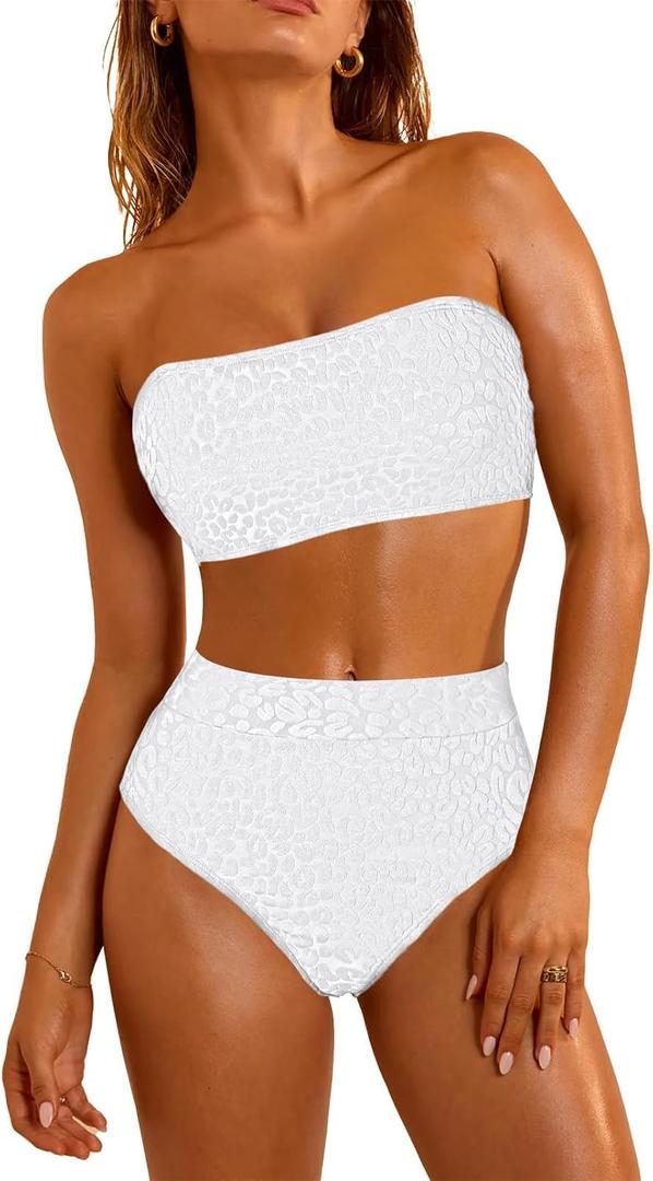 Pink Queen Women 2 Piece Bandeau Swimsuits Strapless Textured Bikini Set High Waisted Bathing Suits (Medium, White)