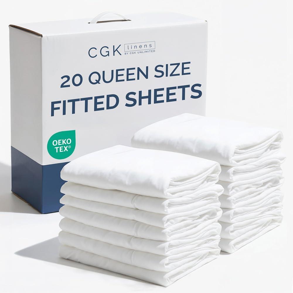 Bulk Case Pack of 20 Fitted Sheets - (20) Queen Size Fitted Sheets with Deep Pockets - Wholesale Bulk Bedding for Hotels, Spas & Airbnbs - Breathable & Cooling - Soft and Wrinkle Free - (Queen, White)