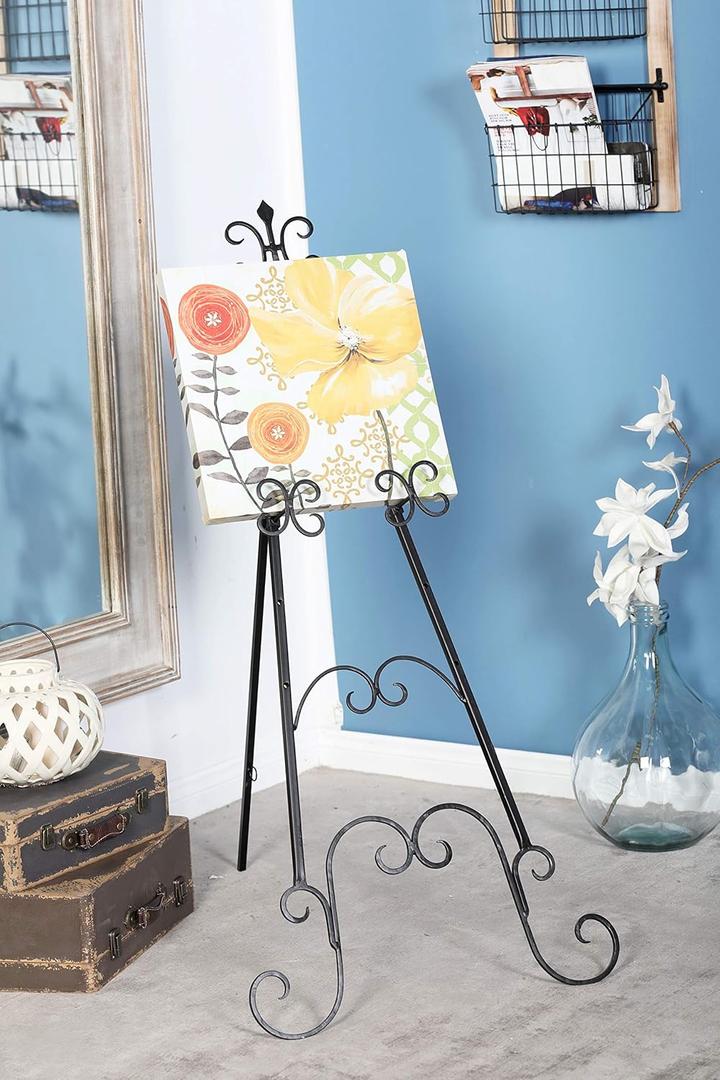 Deco 79 Metal Scroll Large Free Standing Adjustable Display Stand Easel with Chain Support, 23" x 24" x 49", Black