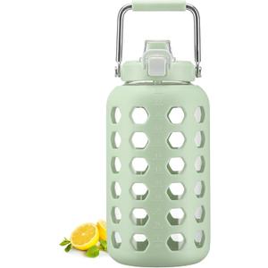 MUKOKO 84 oz Glass Water Bottles,2.5 Liter Gallon Drinking Bottle with Handle,Large Glass Water Jug with Silicone Sleeve for Gym Sports,Time Marker,Wide Mouth,Green