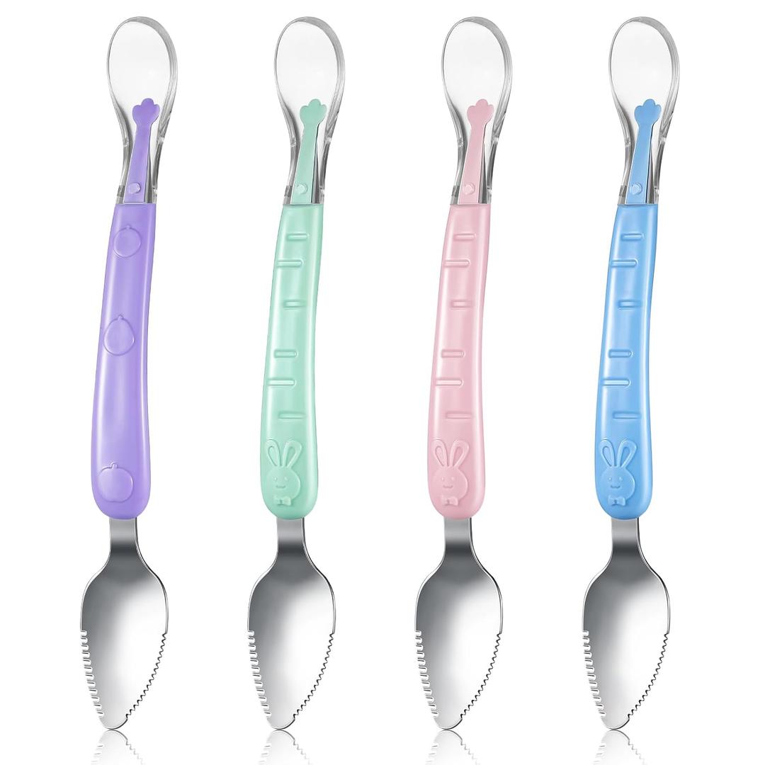 Lallisa 4 Pcs Double Head Baby Silicone Food Spoon Baby Fruit Scraping Mud Spoon Soft Feeding Food Scraper for Infants Fruit Feeding (Multicolor) (Purple, Green, Pink, Cyan)