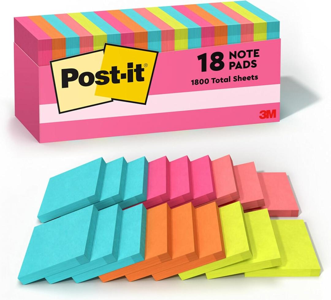 Post-it Notes, 3 in x 3 in., 18 Sticky Notes Pads, 100 Sheets per Pad, Poptimistic Collection, School Supplies and Oce Products, The Original Post-it Note (True)