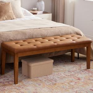 Ottoman Bench Upholstered Padded Seat with Solid Wood Legs and Button-Tufted, Big Oversized Ottoman, Faux Leather Cognac Brown, 47.5 inches x 17.7 inches x 17.7 inches
